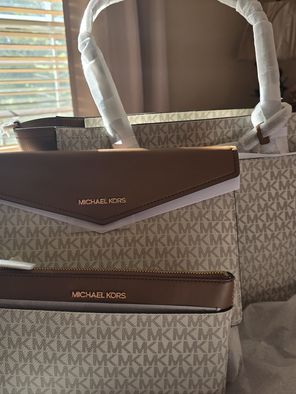 Michael Kors Beige and Brown Logo Tote with White Trim